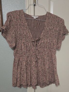 Lucky Brand Mauve Floral Smocked Peasant Top